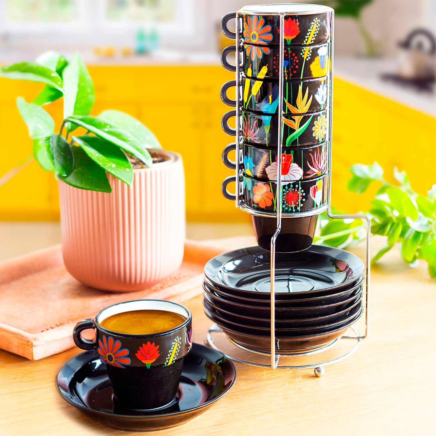 TAZAS NEGRO FLOWER GARDEN X6