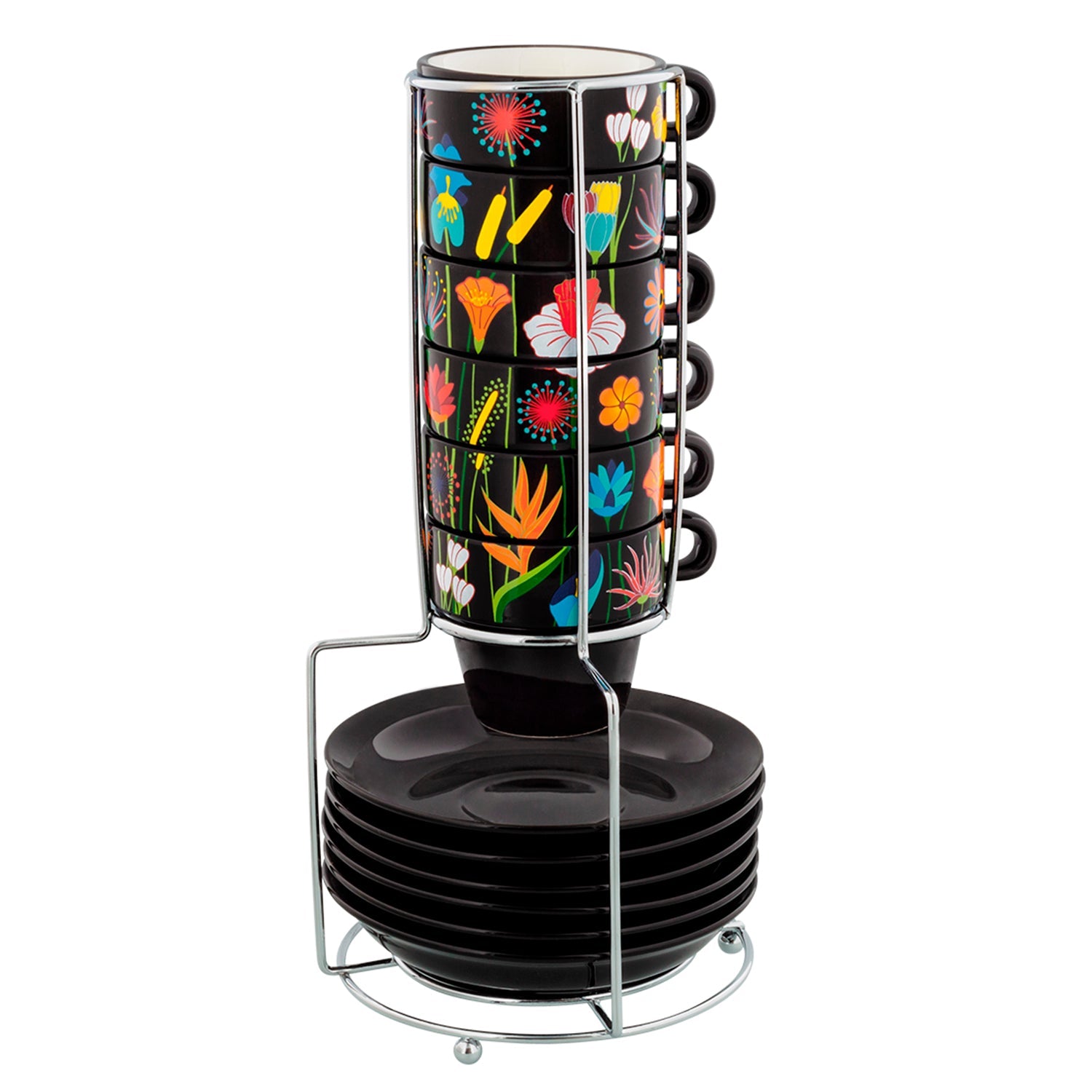 TAZAS NEGRO FLOWER GARDEN X6