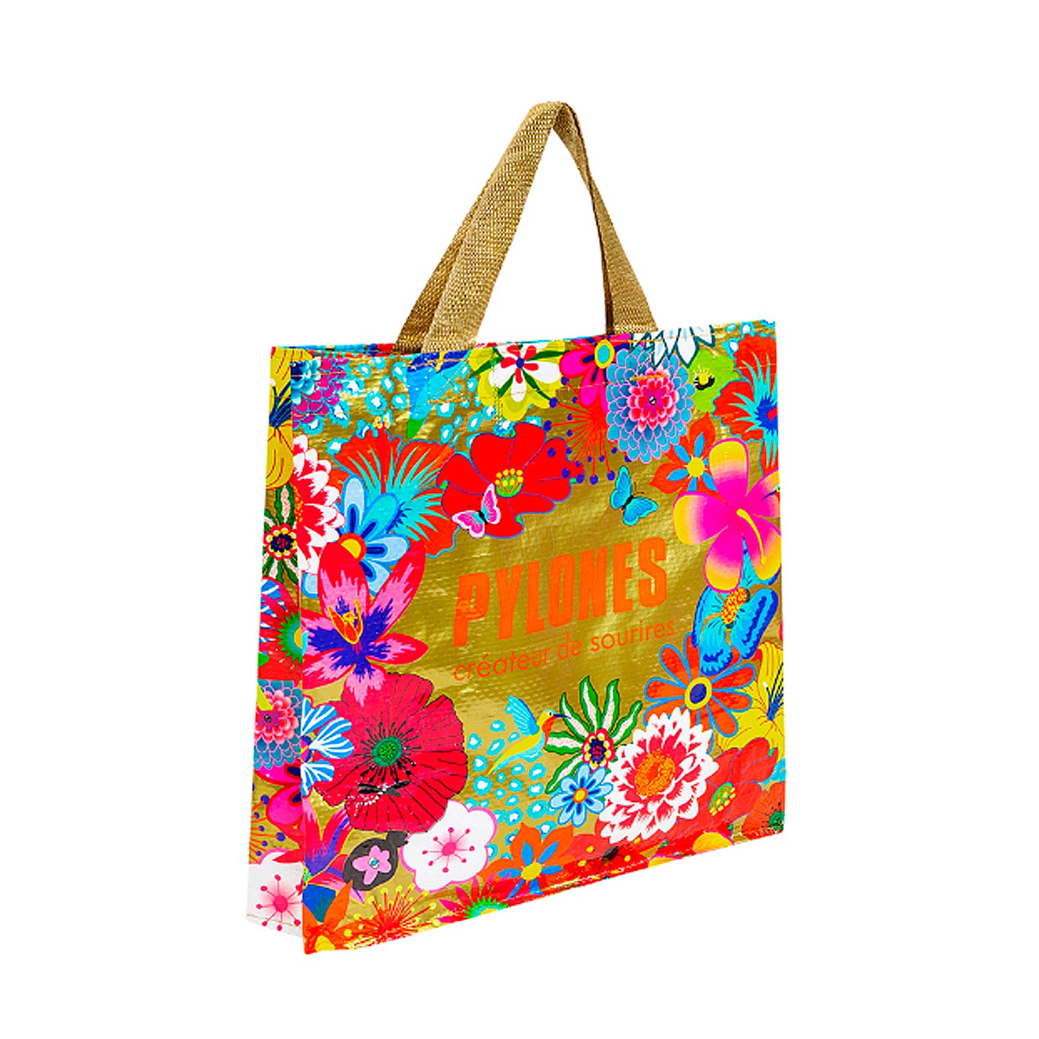 BOLSO DE COMPRAS DORADO CON FLORES S