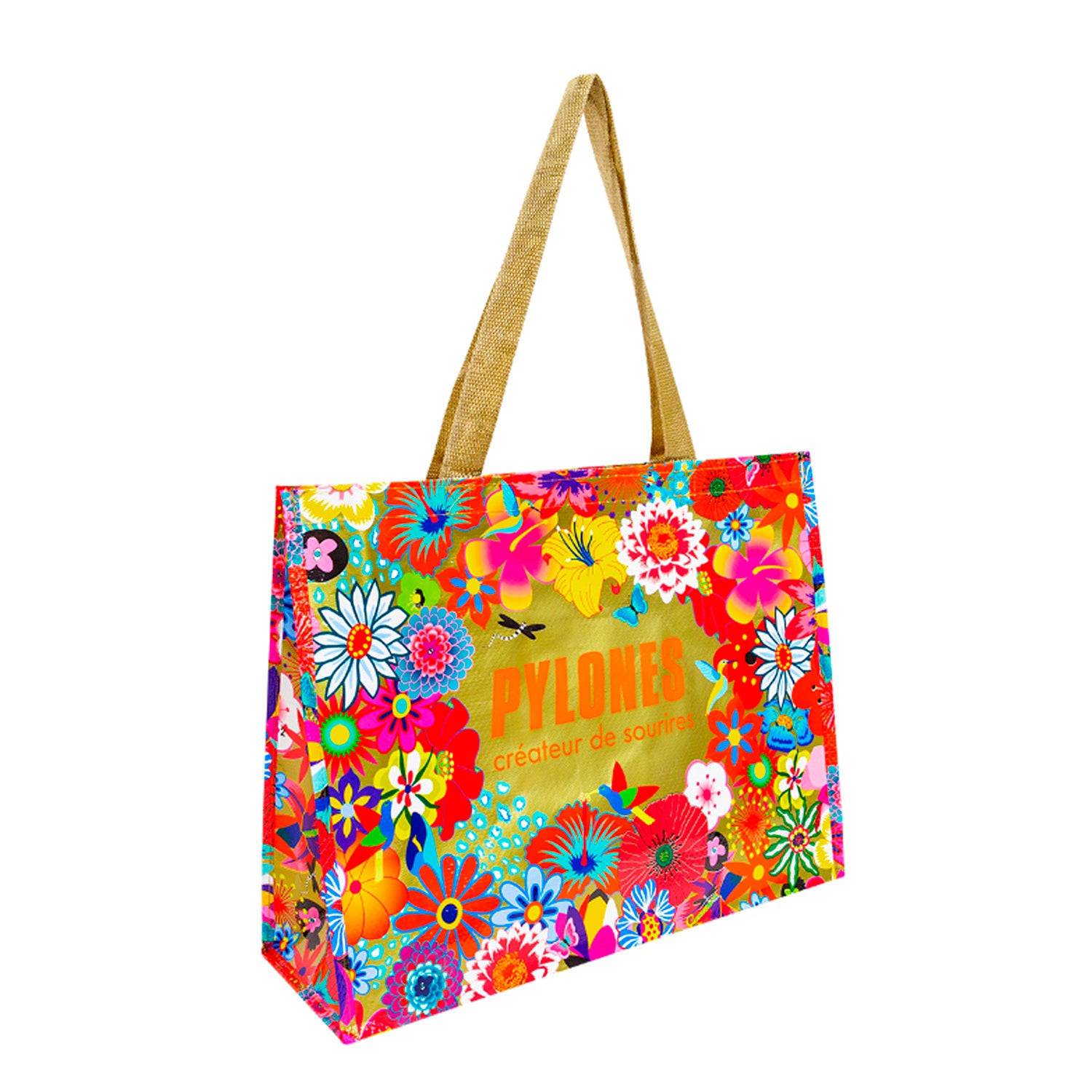 BOLSO DE COMPRAS DORADO CON FLORES M