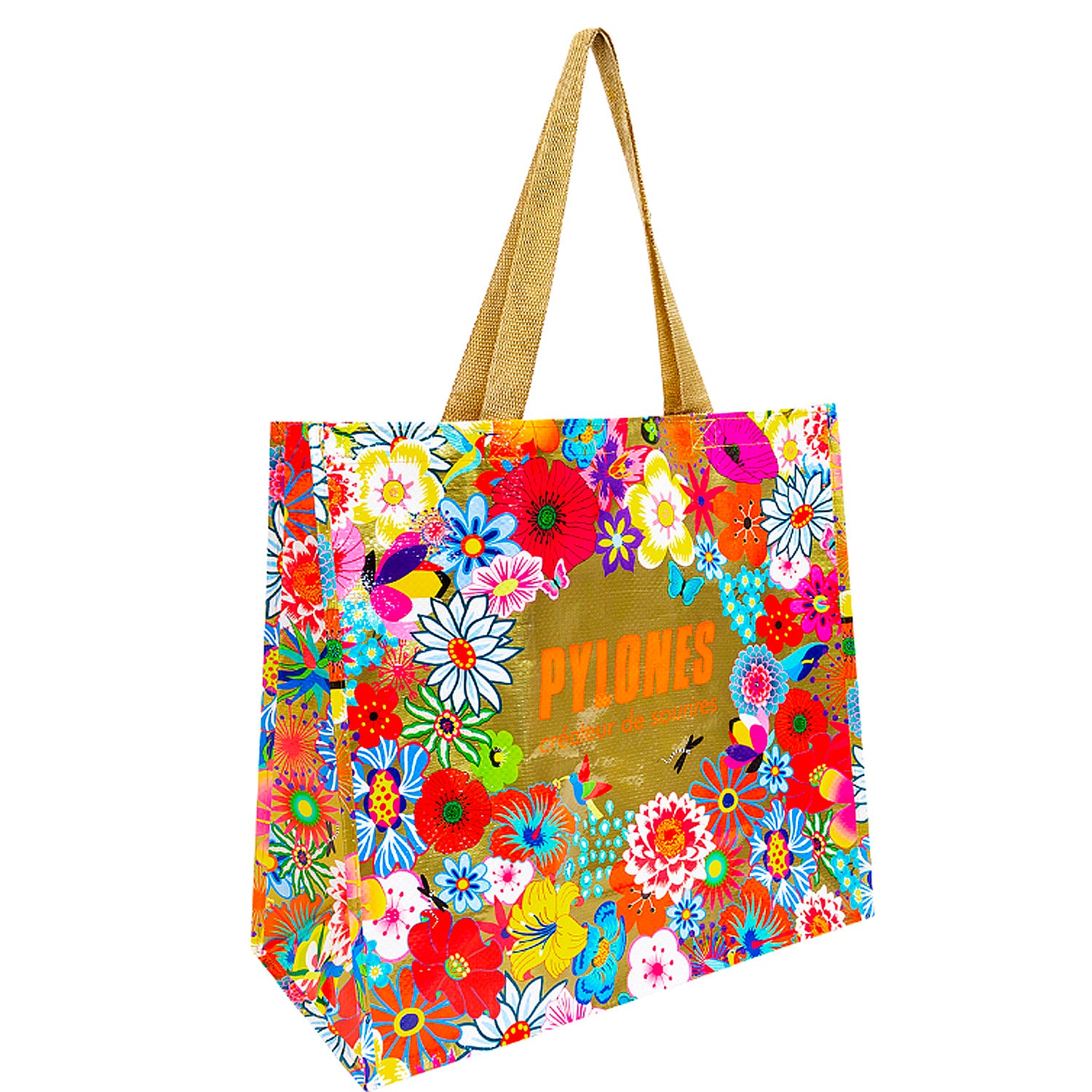 BOLSO DE COMPRAS DORADO CON FLORES L