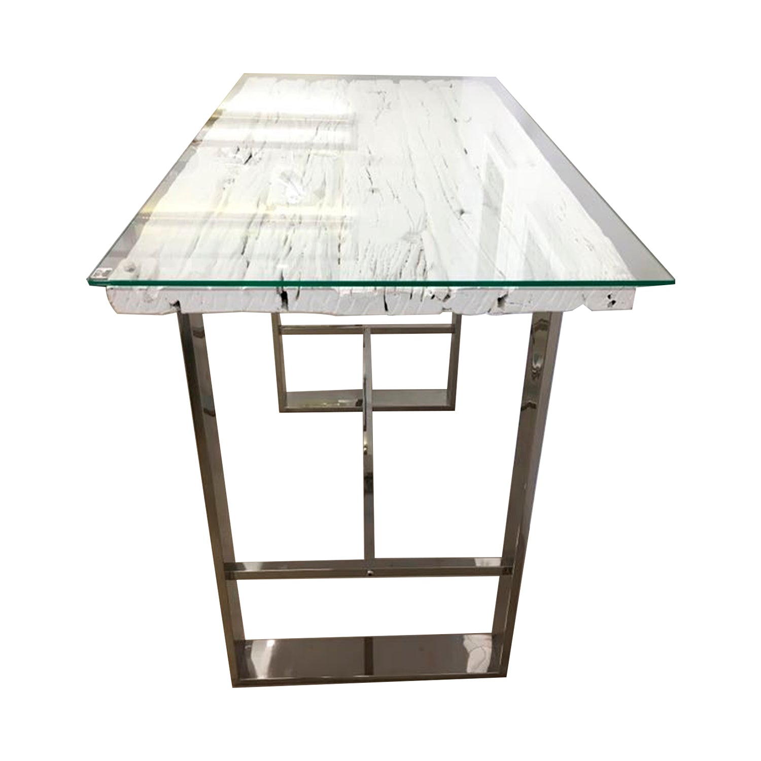 WHITE WOOD, GLASS AND STEEL BAR TABLE