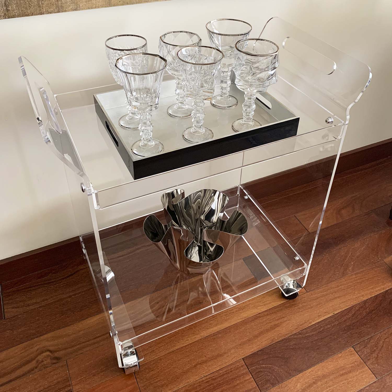 TWO LEVEL ACRYLIC ROLLING BAR CART