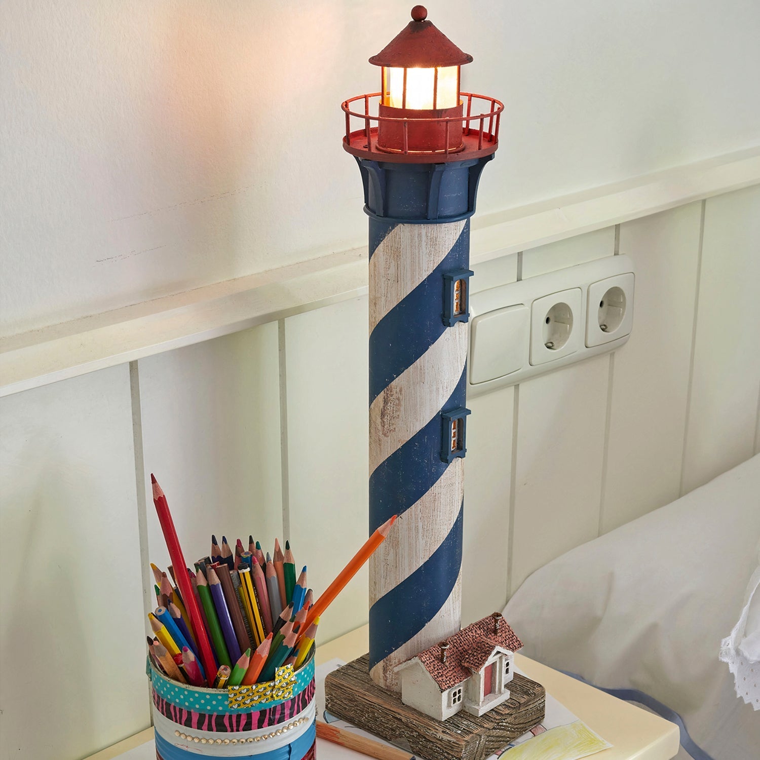 LIGHTHOUSE WITH BLUE STRIPES LIGHT